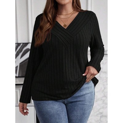 Women's Plus Size V-Neck Ribbed Long Sleeve Shirt Casual T-Shirt Pullover Top