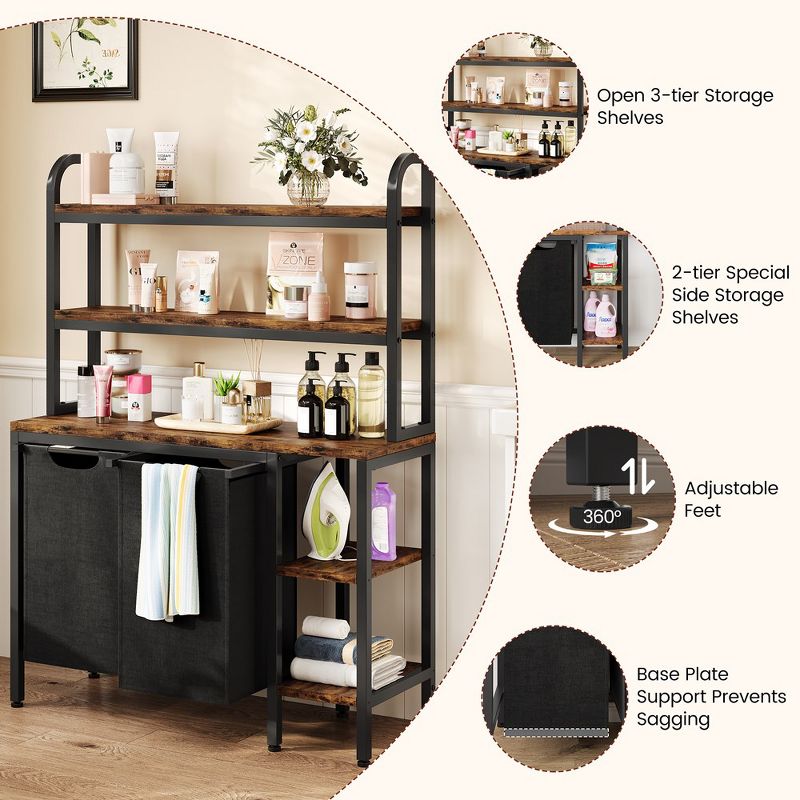 Laundry Basket,Laundry Hamper 2 Section with Side Shelves,3 Tiers Laundry Sorter with 2 Pull-Out and Removable Laundry Bags,Black & Rustic Brown, 5 of 10
