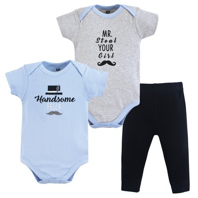 Image of Hudson Baby Infant Boy Cotton Bodysuit and Pant Set, Handsome Fella, 0-3 Months