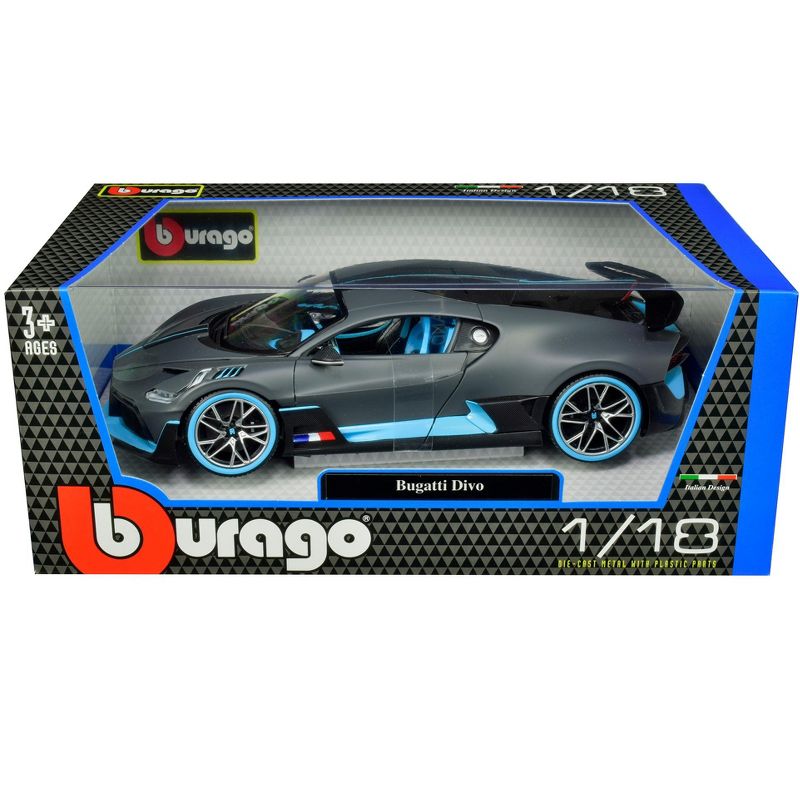 Bugatti Divo Matt Gray with Blue Accents 1/18 Diecast Model Car by Bburago, 3 of 4