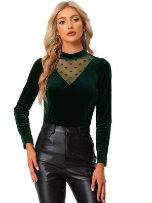 INSPIRE CHIC Women's Casual Velvet Long Sleeve Choker Neck Heart Dots Mesh Panel Top
