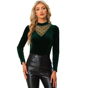 INSPIRE CHIC Women's Casual Velvet Long Sleeve Choker Neck Heart Dots Mesh Panel Top - 1 of 4