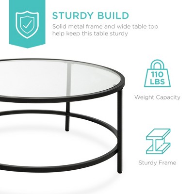 Elegant 36in Round Black Tempered Glass Coffee Table with Metal Frame