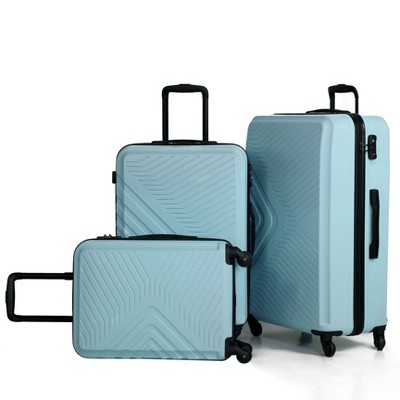 3 Piece Luggage Sets ABS Lightweight Suitcase with Two Hooks, Spinner Wheels, TSA Lock, (20/24/28) Blue