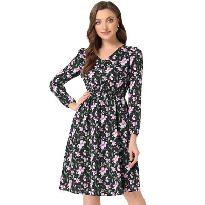 Allegra K Women's Floral Print V-Neck Smocked Waist Midi Dress