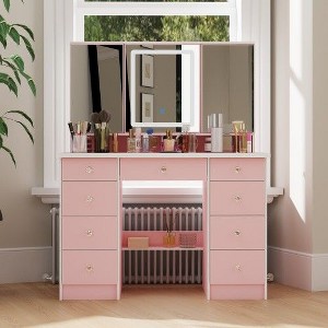 FUFU&GAGA LED Makeup Vanity with 9 Drawers Elegant Makeup Station - 1 of 4