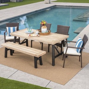 GDFStudio Barden Outdoor Wicker and Acacia Wood 6 Piece Dining Set with Bench, Brushed Gray/Brown - 1 of 4