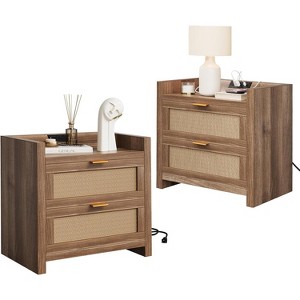 Nightstand Set of 2, Bedside Table Night Stand End Table with 2 Rattan Storage Drawers, Wood Accent Table for Living Room, Bedroom - 1 of 4