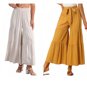 INSPIRE CHIC Women's Boho Elastic High Waist Tie Belt Ruffle Hem Wide Leg Palazzo Pants 2 Packs - 1 of 4