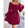 Coolmee Women Casual Smocked Square Neck Long Lantern Sleeve Tie Back High Waist A-Line Ruffled Mini Dress - 3 of 4