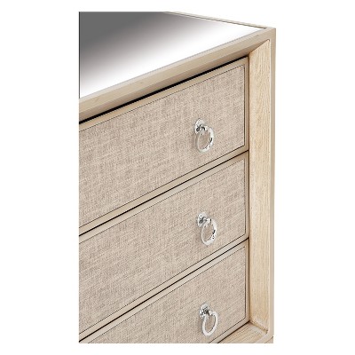 Beige Upholstered 3 Drawer Chest with Mirrored Top and Ring Handles