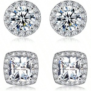 18K White Gold Plated Round Square Cubic Zirconia Simulated Diamond Halo Stud Earrings - 1 of 4