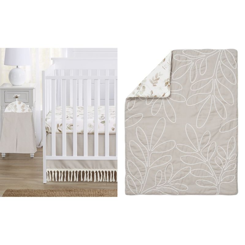 Sweet Jojo Designs Boy or Girl Gender Neutral Unisex Baby Crib Bedding Set - Botanical Floral Leaf Linen Beige and Off White 4pc, 1 of 8