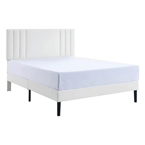 Bikahom Mid Century Tufted Faux Leather, Platform Bed Frame Queen White Wood Headboard