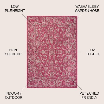 Fuchsia and Light Gray Square Floral Synthetic Area Rug