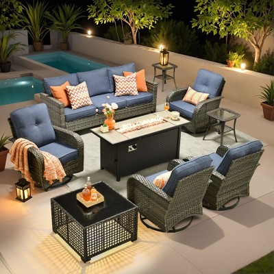 XIZZI Patio Furniture Sets for Relaxation, Comfy 3.5-Inch Cushions & 360° Swivel Action for Extra Comfort, 9 Pcs/Set - Fire Pit Table, Denim Blue