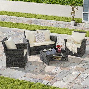 Outdoor Sofa Set, 4 Pcs Rattan Wicker Sofa, Sofa Set with Armrest Chairs and Tempered Glass Coffee Table, Sofas with Cushions-Coolbibila - 1 of 4