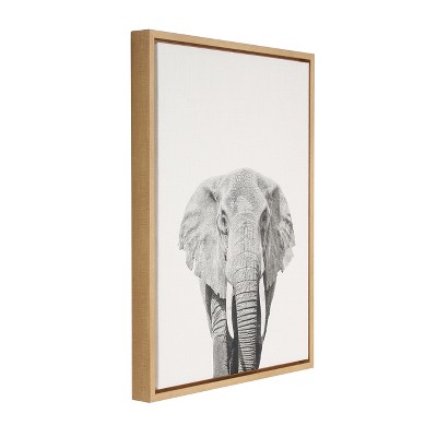 Natural Wood Framed Black and White Elephant Canvas Art for Kids