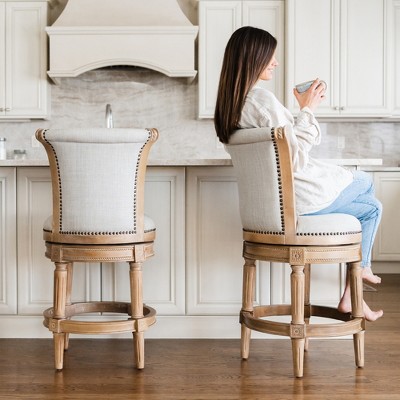 Weathered Oak Swivel Kitchen Stools with Upholstered Seats, Set of 2