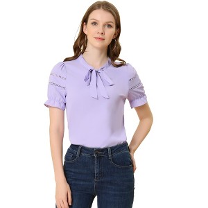 INSPIRE CHIC Women's Bow Tie Collar Elegant Office Short Sleeve Blouse - 1 of 4