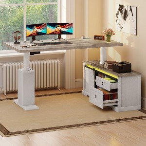 63inch Farmhouse Electric Standing Desk Adjustable Height Sit Stand Corner Stand Desks with Drawers & Sliding Door - 1 of 4