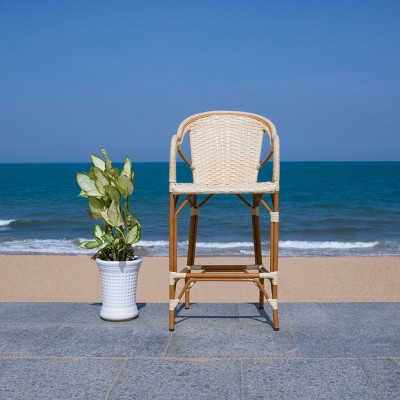 Natural Woven Faux Wicker and Aluminum Bar Stool with Arms