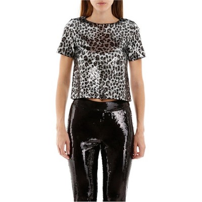 Michael Kors Womens Sequined Leopard Print Crop Top Blouse