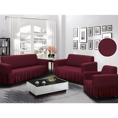 Home Mart Goods Burgundy 3-Piece Set 4-Way Stretch Ruffled Skirt Slipcover Sofa Loveseat & Armchair Cover Protector