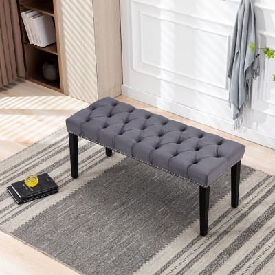 Velvet Upholstered Tufted Bench W/Rubber Wooden Legs, Velvet Cushion, 45.28" L Accent Footrest Stool For Living Room, Entryway, Dining Room, Bedroom