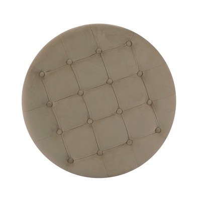 Fawn Velvet Tufted Round Storage Ottoman with Honey Oak Legs