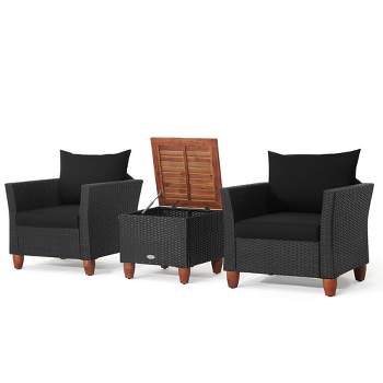 Tangkula 3PCS Patio Rattan Conversation Furniture Set Yard Outdoor w/ Black Cushions