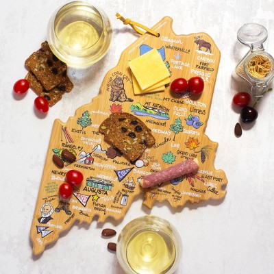 Maine State Shaped Bamboo Cutting Board with Colorful Artwork