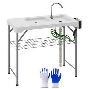 Folding Fish Cleaning Table with Sinks, Portable Camping Sink Table with Faucet, Drainage Hose, Sprayer, Shelf, Drawer and Storage Basket - 1 of 4