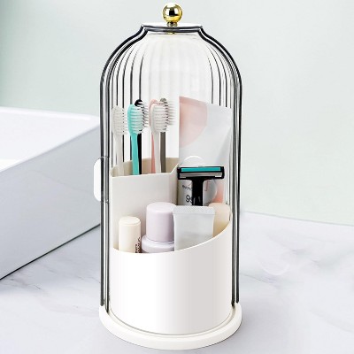 BRINJOY Vanity Makeup Brushes Holder Toothbrush Holders with Sliding Lid, Rotating 3 Slots Bathroom Organizer Countertop