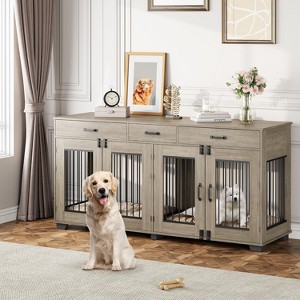 Dog Crate Furniture for 2 Dogs, 71" XXL Indoor Kennel with 3 Drawers & Removable Divider, Wooden Double Crate TV Stand - 1 of 4