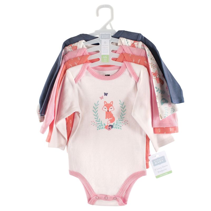 Hudson Baby Infant Girl Cotton Long-Sleeve Bodysuits 5pk, Woodland Fox, 3 of 4