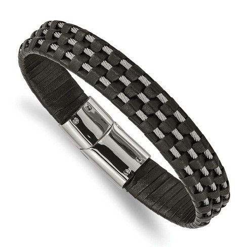 Black Bow Jewelry 12.3mm Stainless Steel Black Leather and Wire Bracelet, 8.5 Inch - image 1 of 4