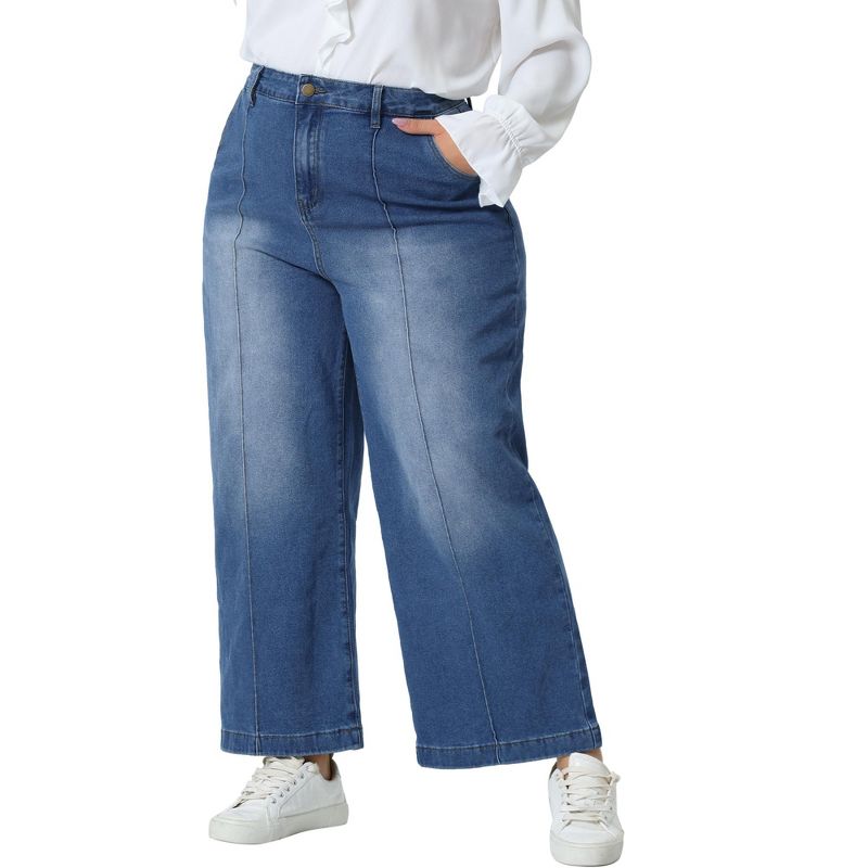 Agnes Orinda Women's Plus Size Wide Leg Baggy Washed Stretch with Pockets Denim Ankle Jeans, 2 of 6