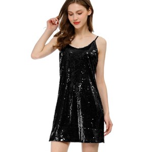 Allegra K Women's Glitter Sequin Spaghetti Strap V Neck Party Cocktail Sparkly Mini Dress - 1 of 4