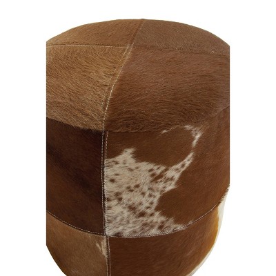 Handmade Patchwork Leather Cylinder Ottoman in Brown - 16" x 16" x 16"