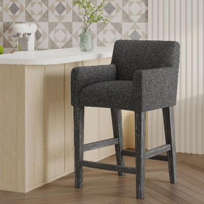 CAVINAS Contemporary Upholstered Counter Stool with Rounded Armrests and Rubberwood Frame