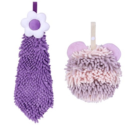 REGALWOVEN Soft Absorbent Cute Fuzzy Hanging Decorative Bathroom Chenille Hand Towel 6" x 15"/7" x 7" 2 Packs