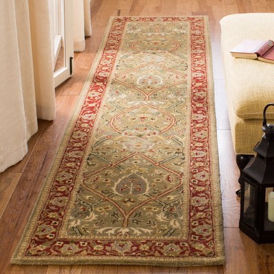 Handmade Light Green and Rust Wool Runner Rug