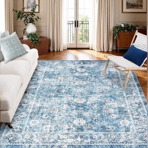Washable Vintage Floral Area Rug,Boho Non-Slip Indoor Foldable Carpet,Stain Resistant Distressed Print Mat for Living Room/Bedroom/Kitchen/Dining Room - 1 of 4