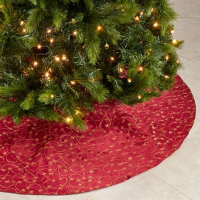Burgundy and Gold Embroidered Christmas Tree Skirt, 70" Round