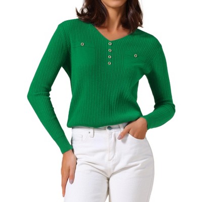 INSPIRE CHIC Women's Long Sleeve V Neck Button Decor Elegant Ribbed Knit Tops