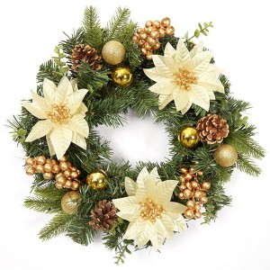 16 Inch Christmas Wreath for Front Door, Xmas Door Wreath with Balls, Artificial Flowers, Berries & Pine Cones for Fireplace  Window Table Centerpiece - 1 of 4