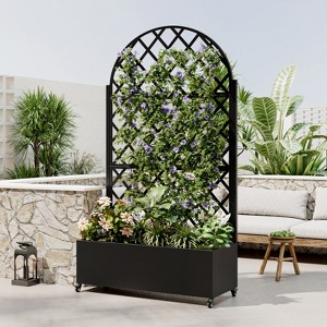 Hrinhom 35.4"W Round Metal Planter Box with Trellis Raised Garden Bed with 4 wheels - 1 of 4