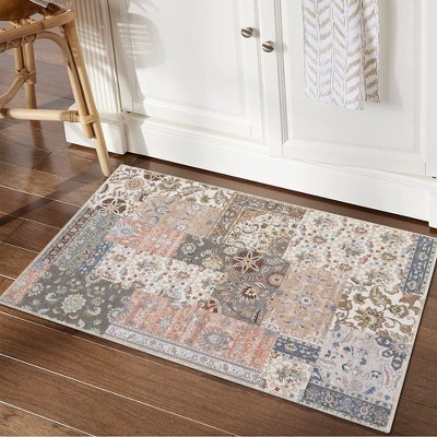 Area Rug Patchwork Washable Rug Floral Printed Vintage Distressed Rug, Beige Orange