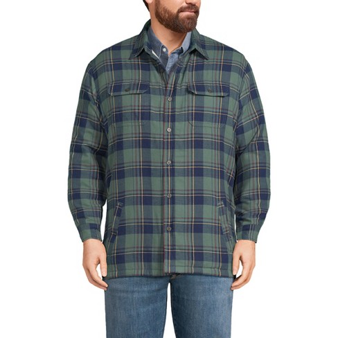 Lands' End Men's Big Flannel High Pile Lined Shirt Jacket with Pockets - 4X  Big - Deep Woodland Green Plaid